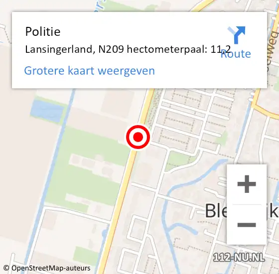 Locatie op kaart van de 112 melding: Politie Lansingerland, N209 hectometerpaal: 11,2 op 17 april 2024 07:55