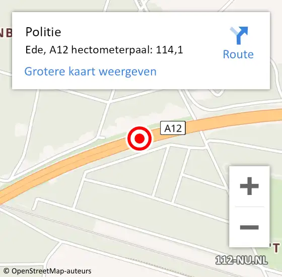 Locatie op kaart van de 112 melding: Politie Ede, A12 hectometerpaal: 114,1 op 17 april 2024 08:04