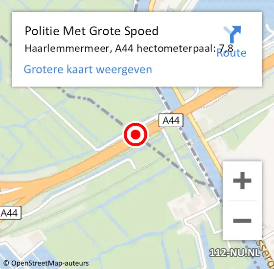 Locatie op kaart van de 112 melding: Politie Met Grote Spoed Naar Haarlemmermeer, A44 hectometerpaal: 7,8 op 17 april 2024 08:23