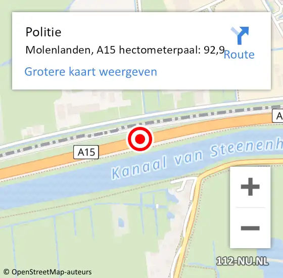 Locatie op kaart van de 112 melding: Politie Molenlanden, A15 hectometerpaal: 92,9 op 17 april 2024 08:45