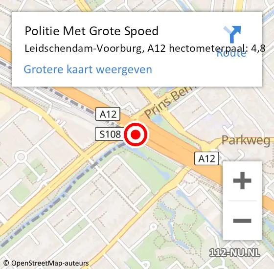 Locatie op kaart van de 112 melding: Politie Met Grote Spoed Naar Leidschendam-Voorburg, A12 hectometerpaal: 4,8 op 17 april 2024 08:57