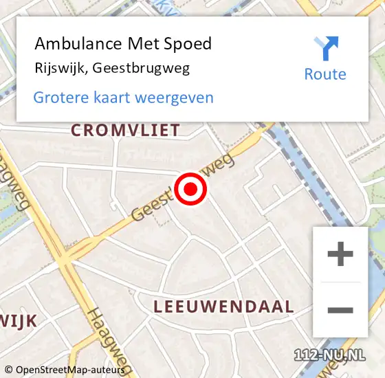 Locatie op kaart van de 112 melding: Ambulance Met Spoed Naar Rijswijk, Geestbrugweg op 17 april 2024 11:50