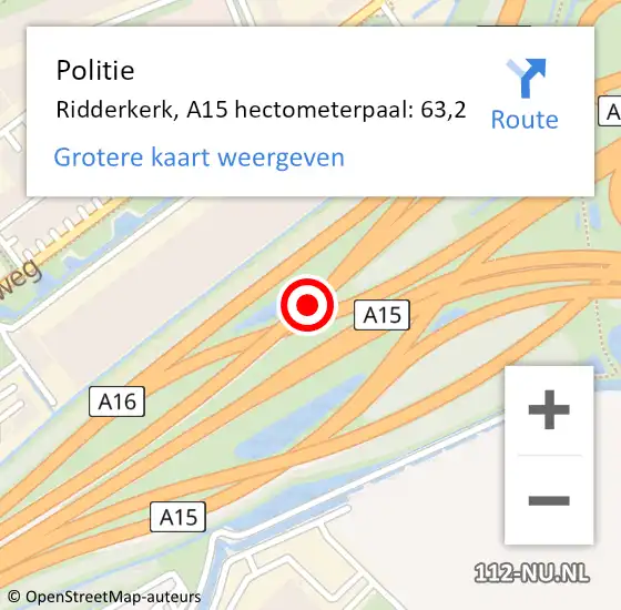 Locatie op kaart van de 112 melding: Politie Ridderkerk, A15 hectometerpaal: 63,2 op 17 april 2024 12:16