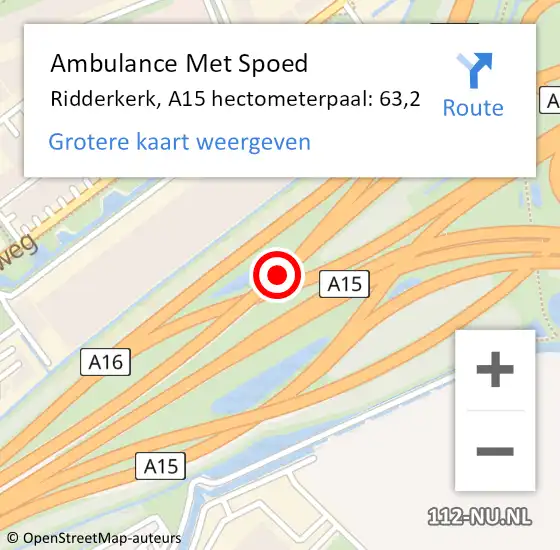Locatie op kaart van de 112 melding: Ambulance Met Spoed Naar Ridderkerk, A15 hectometerpaal: 63,2 op 17 april 2024 12:17