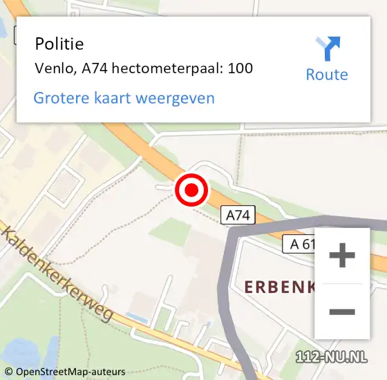 Locatie op kaart van de 112 melding: Politie Venlo, A74 hectometerpaal: 100 op 17 april 2024 13:11