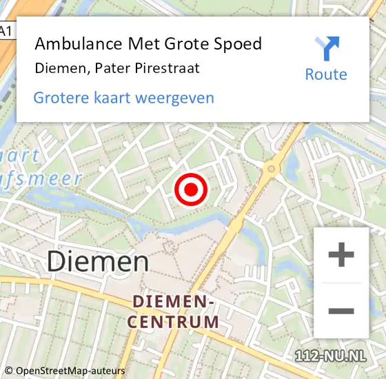 Locatie op kaart van de 112 melding: Ambulance Met Grote Spoed Naar Diemen, Pater Pirestraat op 17 april 2024 13:12