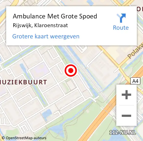 Locatie op kaart van de 112 melding: Ambulance Met Grote Spoed Naar Rijswijk, Klaroenstraat op 17 april 2024 13:32