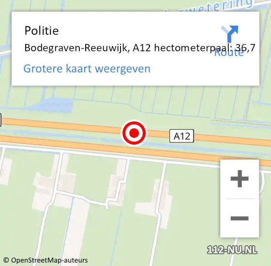 Locatie op kaart van de 112 melding: Politie Bodegraven-Reeuwijk, A12 hectometerpaal: 36,7 op 17 april 2024 13:39