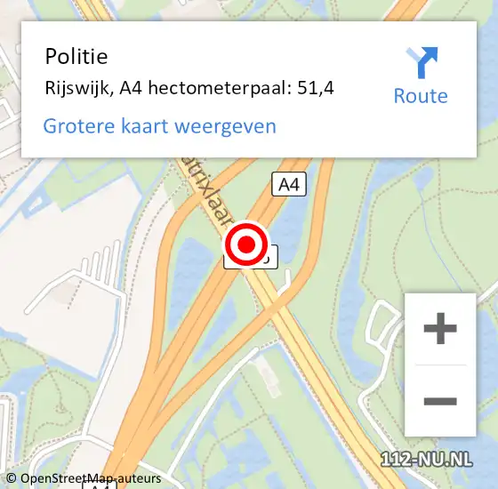 Locatie op kaart van de 112 melding: Politie Rijswijk, A4 hectometerpaal: 51,4 op 17 april 2024 13:46