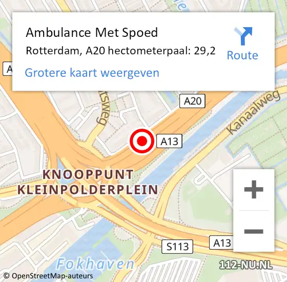 Locatie op kaart van de 112 melding: Ambulance Met Spoed Naar Rotterdam, A20 hectometerpaal: 29,2 op 17 april 2024 14:10