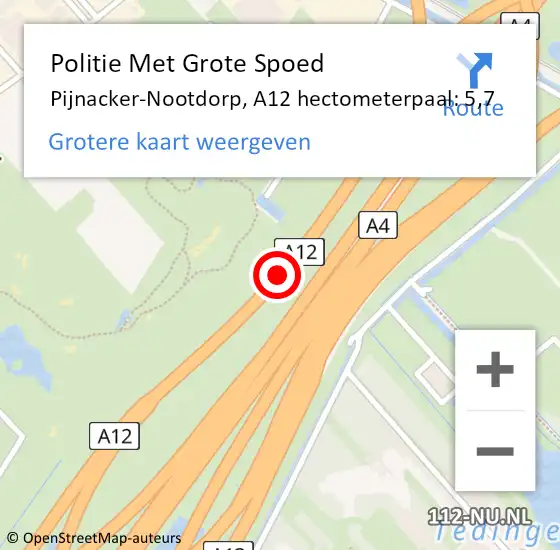 Locatie op kaart van de 112 melding: Politie Met Grote Spoed Naar Pijnacker-Nootdorp, A12 hectometerpaal: 5,7 op 17 april 2024 14:55