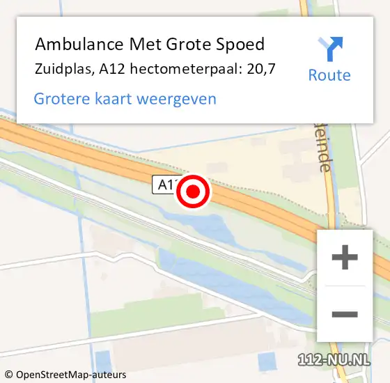 Locatie op kaart van de 112 melding: Ambulance Met Grote Spoed Naar Zuidplas, A12 hectometerpaal: 20,7 op 17 april 2024 16:33