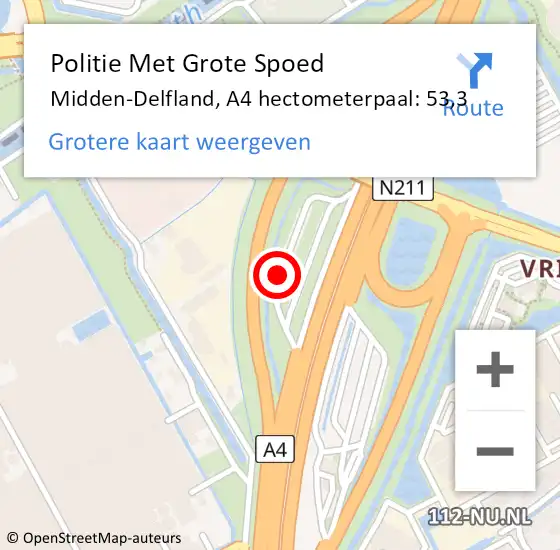 Locatie op kaart van de 112 melding: Politie Met Grote Spoed Naar Midden-Delfland, A4 hectometerpaal: 53,3 op 17 april 2024 17:57