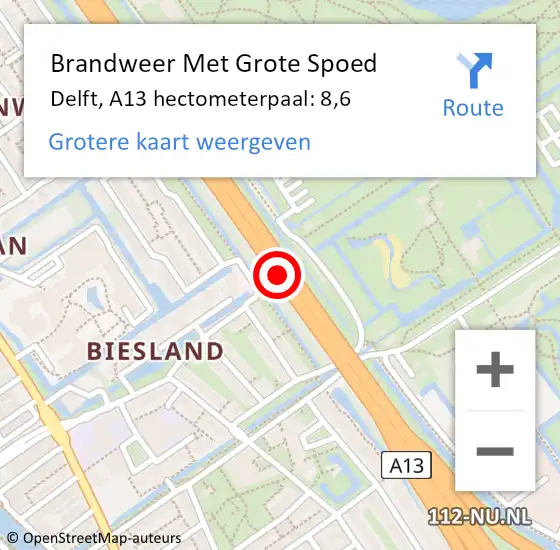 Locatie op kaart van de 112 melding: Brandweer Met Grote Spoed Naar Delft, A13 hectometerpaal: 8,6 op 17 april 2024 18:07
