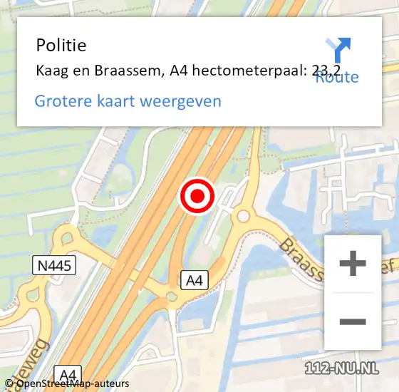 Locatie op kaart van de 112 melding: Politie Kaag en Braassem, A4 hectometerpaal: 23,2 op 17 april 2024 19:20