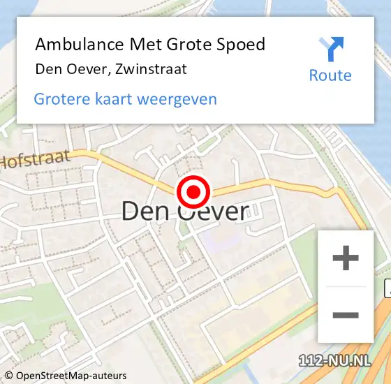 Locatie op kaart van de 112 melding: Ambulance Met Grote Spoed Naar Den Oever, Zwinstraat op 17 april 2024 20:42