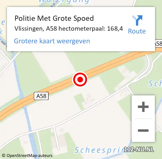 Locatie op kaart van de 112 melding: Politie Met Grote Spoed Naar Vlissingen, A58 hectometerpaal: 168,4 op 17 april 2024 21:04