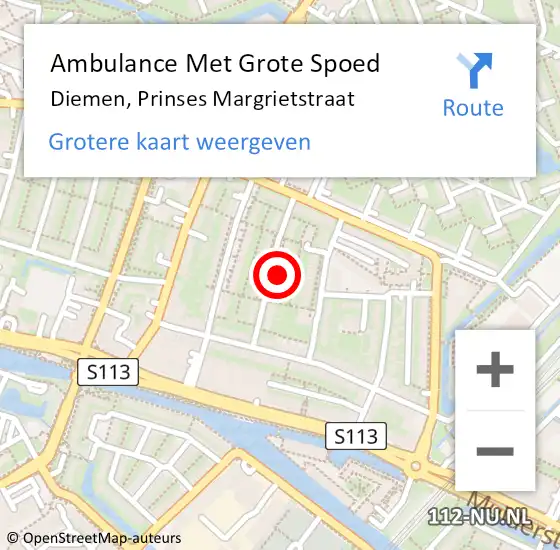 Locatie op kaart van de 112 melding: Ambulance Met Grote Spoed Naar Diemen, Prinses Margrietstraat op 17 april 2024 21:42