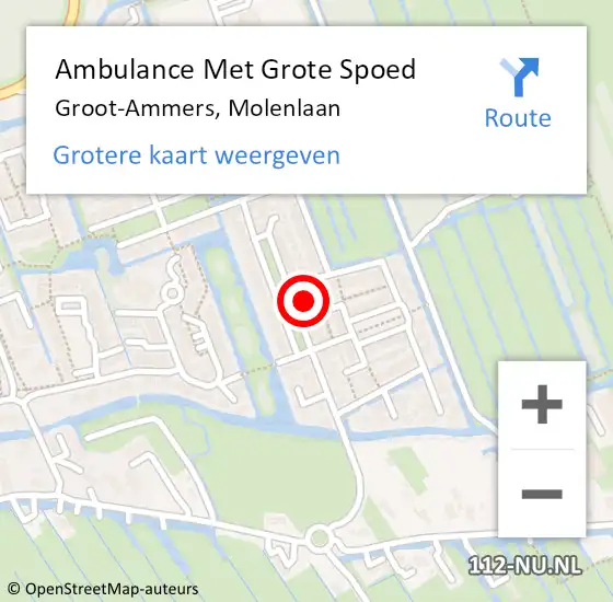 Locatie op kaart van de 112 melding: Ambulance Met Grote Spoed Naar Groot-Ammers, Molenlaan op 17 april 2024 22:52
