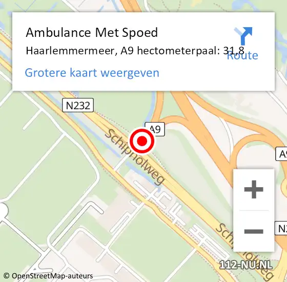 Locatie op kaart van de 112 melding: Ambulance Met Spoed Naar Haarlemmermeer, A9 hectometerpaal: 31,8 op 18 april 2024 05:31