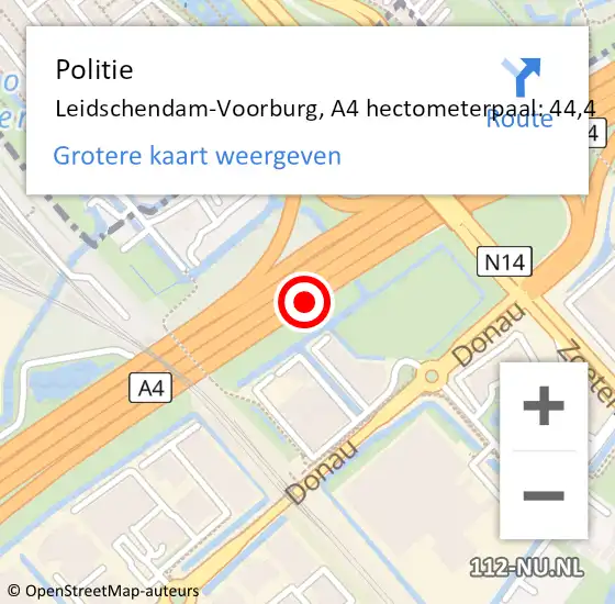 Locatie op kaart van de 112 melding: Politie Leidschendam-Voorburg, A4 hectometerpaal: 44,4 op 18 april 2024 08:10