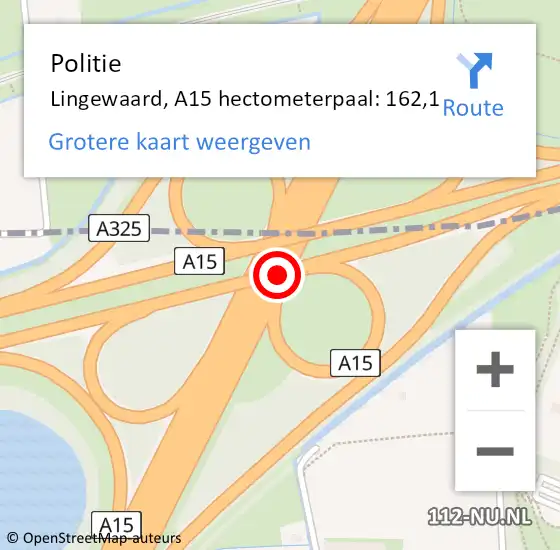 Locatie op kaart van de 112 melding: Politie Lingewaard, A15 hectometerpaal: 162,1 op 18 april 2024 08:17