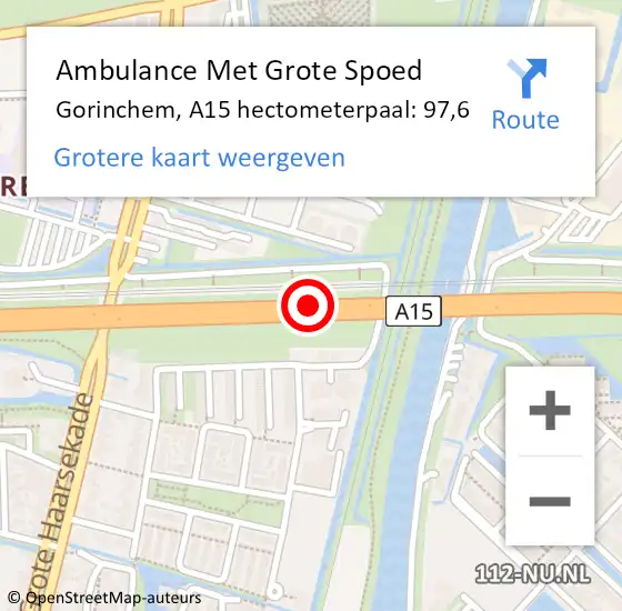 Locatie op kaart van de 112 melding: Ambulance Met Grote Spoed Naar Gorinchem, A15 hectometerpaal: 97,6 op 18 april 2024 08:32