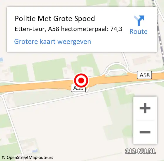 Locatie op kaart van de 112 melding: Politie Met Grote Spoed Naar Etten-Leur, A58 hectometerpaal: 74,3 op 18 april 2024 08:39