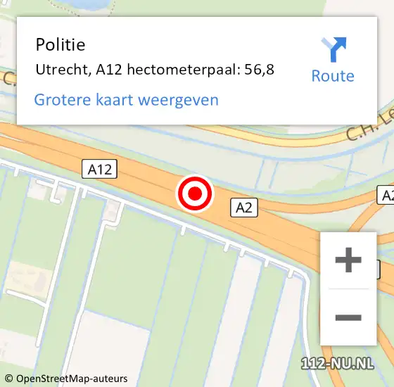 Locatie op kaart van de 112 melding: Politie Utrecht, A12 hectometerpaal: 56,8 op 18 april 2024 11:39