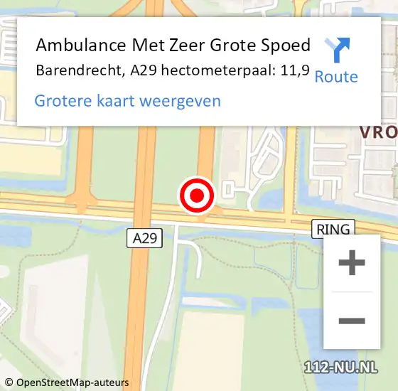 Locatie op kaart van de 112 melding: Ambulance Met Zeer Grote Spoed Naar Barendrecht, A29 hectometerpaal: 11,9 op 18 april 2024 13:22