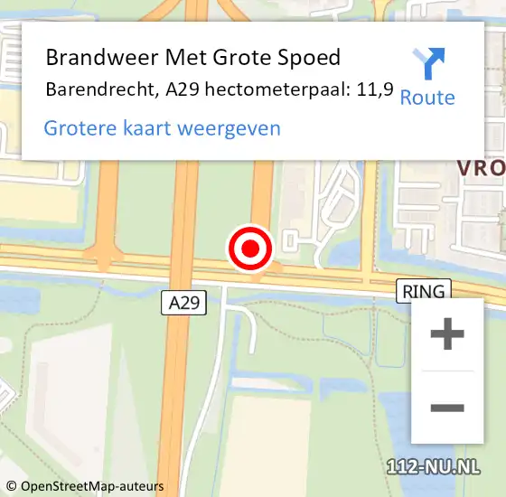 Locatie op kaart van de 112 melding: Brandweer Met Grote Spoed Naar Barendrecht, A29 hectometerpaal: 11,9 op 18 april 2024 13:23