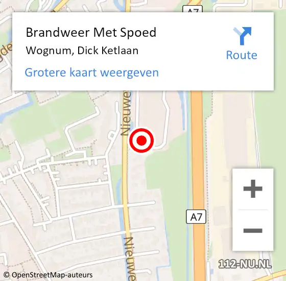 Locatie op kaart van de 112 melding: Brandweer Met Spoed Naar Wognum, Dick Ketlaan op 18 april 2024 13:58