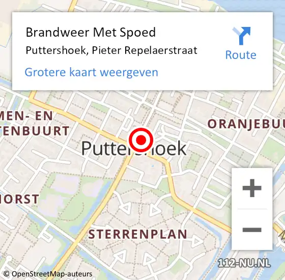 Locatie op kaart van de 112 melding: Brandweer Met Spoed Naar Puttershoek, Pieter Repelaerstraat op 18 april 2024 14:20