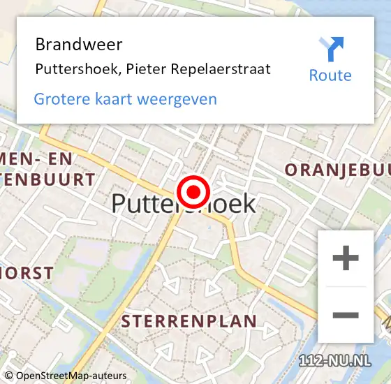 Locatie op kaart van de 112 melding: Brandweer Puttershoek, Pieter Repelaerstraat op 18 april 2024 14:53