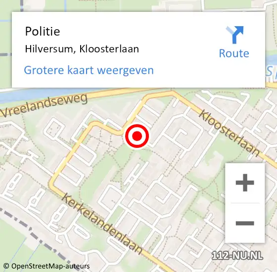 Locatie op kaart van de 112 melding: Politie Hilversum, Kloosterlaan op 18 april 2024 15:30
