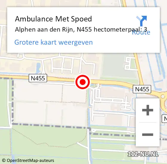 Locatie op kaart van de 112 melding: Ambulance Met Spoed Naar Alphen aan den Rijn, N455 hectometerpaal: 3 op 18 april 2024 15:42
