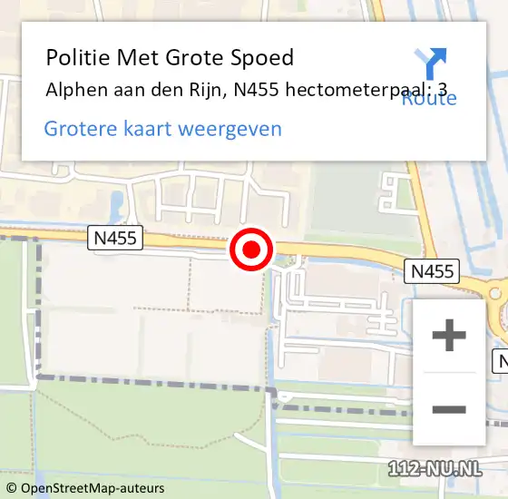 Locatie op kaart van de 112 melding: Politie Met Grote Spoed Naar Alphen aan den Rijn, N455 hectometerpaal: 3 op 18 april 2024 15:43