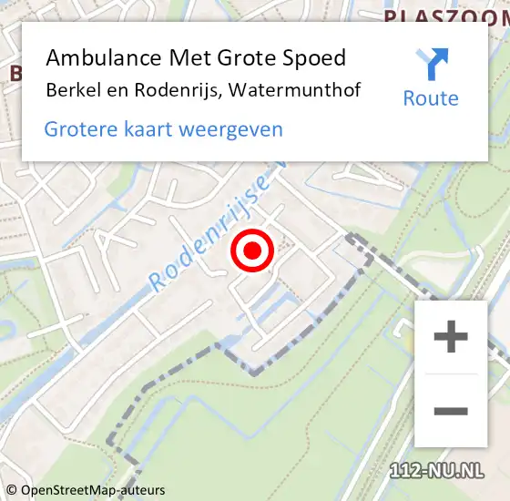 Locatie op kaart van de 112 melding: Ambulance Met Grote Spoed Naar Berkel en Rodenrijs, Watermunthof op 18 april 2024 15:45