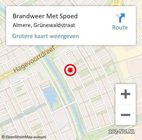 Locatie op kaart van de 112 melding: Brandweer Met Spoed Naar Almere, Grünewaldstraat op 18 april 2024 16:26