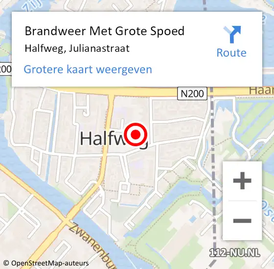 Locatie op kaart van de 112 melding: Brandweer Met Grote Spoed Naar Halfweg, Julianastraat op 18 april 2024 18:48