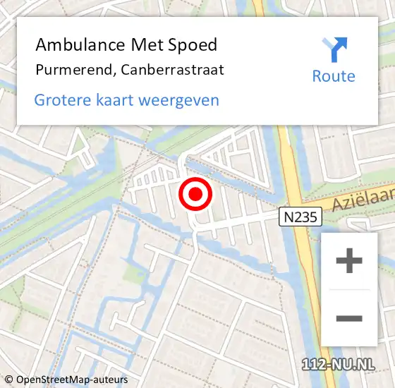 Locatie op kaart van de 112 melding: Ambulance Met Spoed Naar Purmerend, Canberrastraat op 18 april 2024 19:31