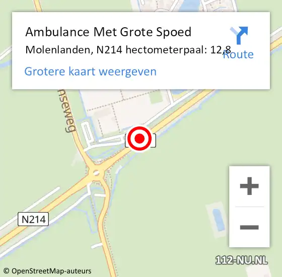 Locatie op kaart van de 112 melding: Ambulance Met Grote Spoed Naar Molenlanden, N214 hectometerpaal: 12,8 op 18 april 2024 19:38