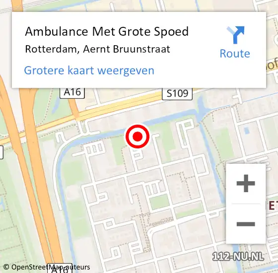 Locatie op kaart van de 112 melding: Ambulance Met Grote Spoed Naar Rotterdam, Aernt Bruunstraat op 18 april 2024 19:51
