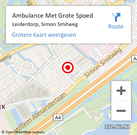 Locatie op kaart van de 112 melding: Ambulance Met Grote Spoed Naar Leiderdorp, Simon Smitweg op 18 april 2024 20:09