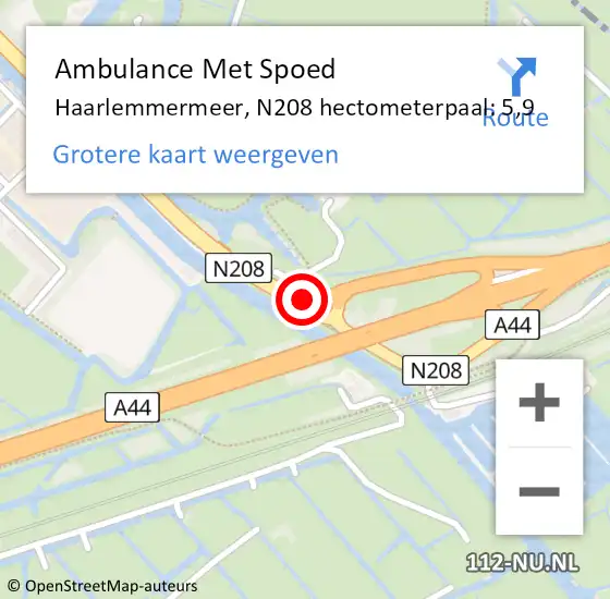 Locatie op kaart van de 112 melding: Ambulance Met Spoed Naar Haarlemmermeer, N208 hectometerpaal: 5,9 op 18 april 2024 20:43