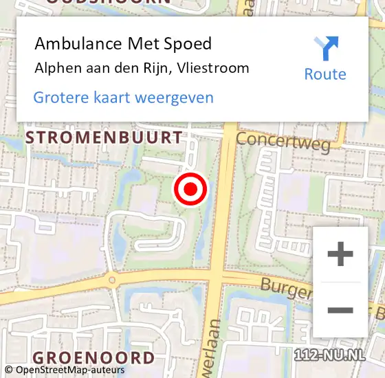 Locatie op kaart van de 112 melding: Ambulance Met Spoed Naar Alphen aan den Rijn, Vliestroom op 18 april 2024 20:58