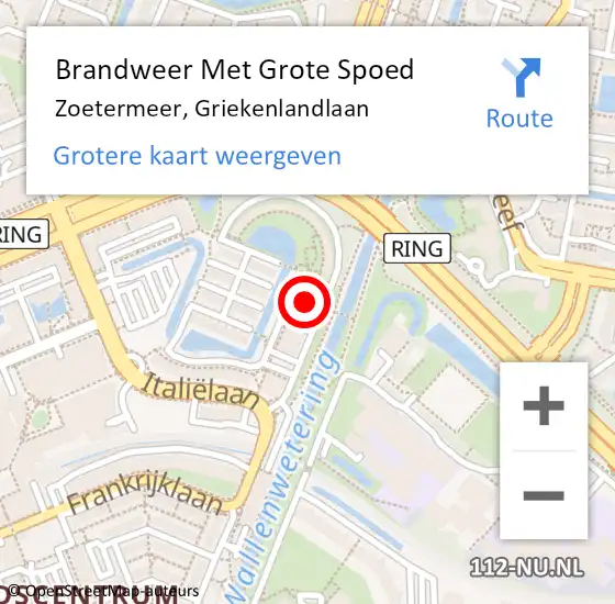 Locatie op kaart van de 112 melding: Brandweer Met Grote Spoed Naar Zoetermeer, Griekenlandlaan op 19 april 2024 04:14
