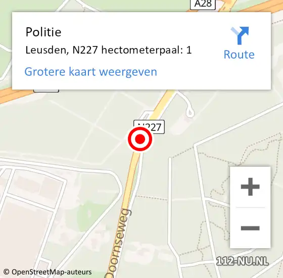 Locatie op kaart van de 112 melding: Politie Leusden, N227 hectometerpaal: 1 op 19 april 2024 06:32