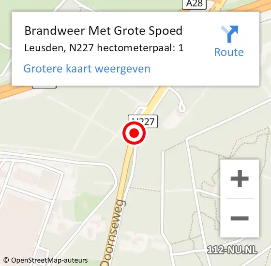 Locatie op kaart van de 112 melding: Brandweer Met Grote Spoed Naar Leusden, N227 hectometerpaal: 1 op 19 april 2024 06:37