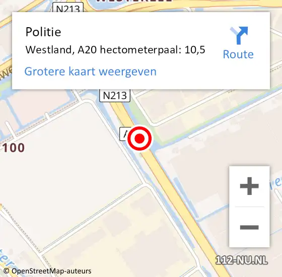 Locatie op kaart van de 112 melding: Politie Westland, A20 hectometerpaal: 10,5 op 19 april 2024 08:02